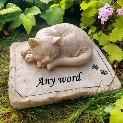 Pietre commemorative da giardino personalizzate per gatti con statua di gatto addormentato, simpatia gatto tomba marcatori pietre del cimitero inciso con qualsiasi parola.