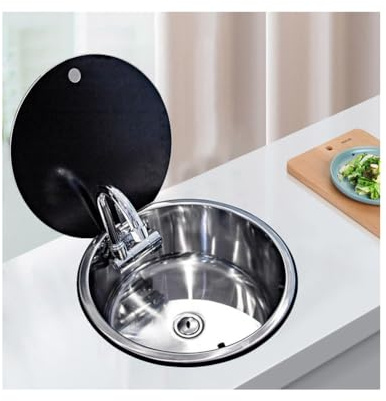 NJDQFA Edelstahl Faltbar Runden Wohnwagen Waschbecken,RV Camping Spüle Bausatz Mit Wasserhahn Und Deckel,Waschbecken Set Für Wohnmobile Bars Cafés
