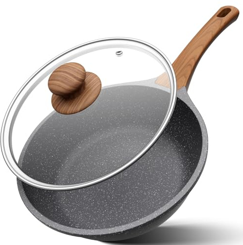 YASHE 26cm Deep Granite Frying Pan with Lid, Non-Stick Deep Skillet, High Sided Frying pan, Spacious Design for Stir-Frying, Sautéing & Slow Cooking