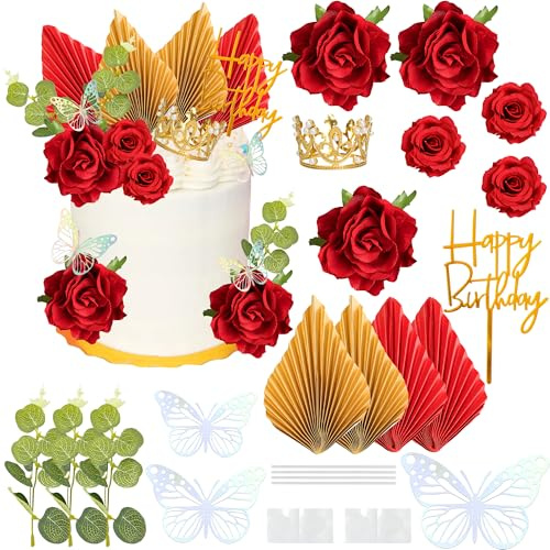 Gyufise Topper per torta in stile bohémien, con fiori rossi, corona, foglie di palma, farfalle, palline di schiuma, decorazioni per torte nuziali, compleanni, vacanze, feste, oro laser argento