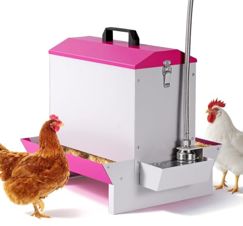 MUYIRTED 2-i-1 automatisk kycklingmatare och drickskål, 5 kg metallmatdispenser, stående matskål för flera kycklingar och ankor, anti-avfall