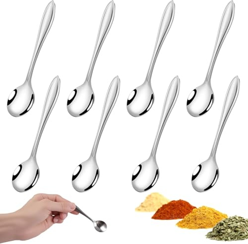 8-Piece Stainless Steel Mini Spoons Set, 3.54in Tiny Food Grade Seasoning Spoons, Cute Small Spoons Silver Tea Spoon Little Teaspoons for Powder Spices, Pepper, Sugar, Coffee