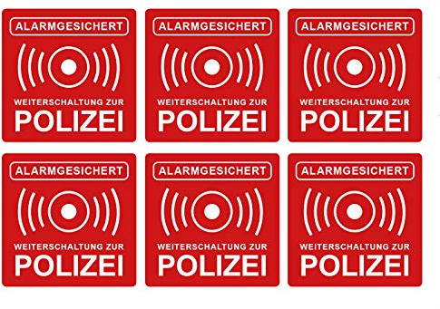 6 Stück Premium Aufkleber Alarmanlage Hinweis Alarmgesichert 5 x 5 cm Weiterschaltung Polizei Witterungs- und UV-Beständig