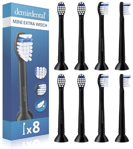 8er demirdental Ersatzbürsten passend für Philips Sonicare, Mini Extra Soft | Unsere weichsten kleinen Aufsteckbürsten – für empfindliche Zähne, schadstoffgeprüft, inkl. Schutzkappen & Farbringe, Schwarz