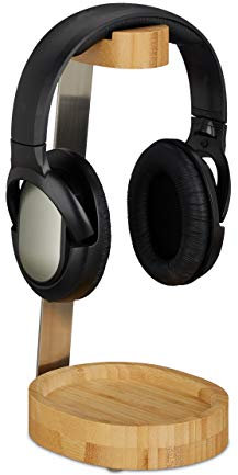 Relaxdays Support à Casque Audio, Bambou, Métal, Fixation pour écouteurs, Rangement, Design élégant, Naturel