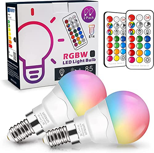 Unisun Lampadina LED E14 6W (Equivalente 40W) - Cambiare colore RGB e Dimmerabile con 12 Colore - Illuminazione d'atmosfera con Telecomando per Casa, Bar, Feste e KTV (Set di 2)