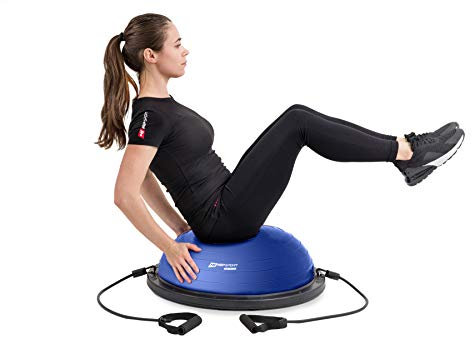 Hop-Sport Balancetrainer mit Zugbändern, Blau, Balance Board mit Expander, Rutschfeste Oberfläche, Doppelseitige Nutzung, Inkl. Pumpe, 200 kg Max. Belastbarkeit, Durchmesser: 58cm