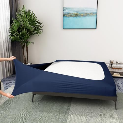 Box Spring Cover Queen Size - Gonne da letto in jersey e tessuto elasticizzato a 4 lati per hotel e casa, Queen/Cal Queen, blu navy