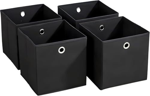 Home Source Cube Storage Boxes, Collapsible Fabric Storage Baskets, Foldable Canvas Organising Boxes, 4 Piece, Black