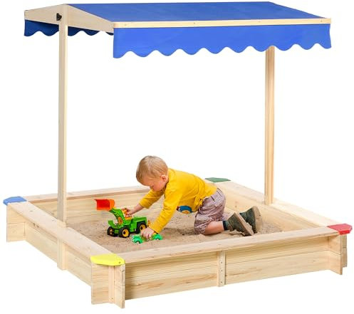 Outsunny Sandkasten mit Dach Sandkiste Kindersandkasten Tannenholz Bodenloses Design Felix mit absenkbarem und schwenkbarem Dach Kurbeldach 120 x 120 x 120 cm Natur