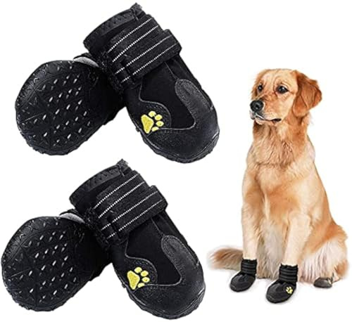 HuaTek Hundskor, hundstövlar, vattentäta hundstövlar, hund utomhusskor för medelstora till stora hundar med två reflekterande fästremmar och robust halkfri sula (svart 4 st).