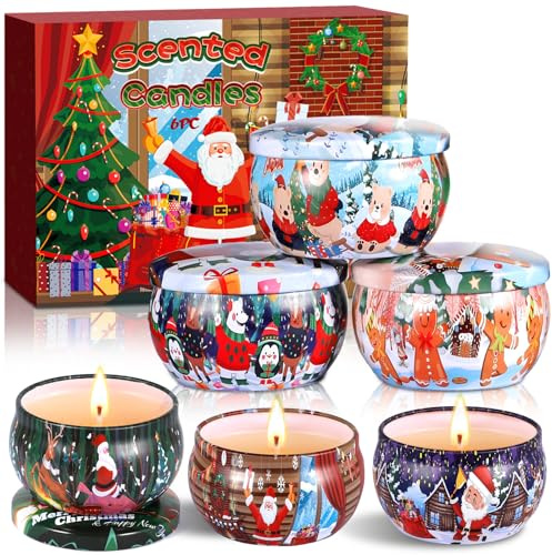 Amzeeniu 6 Bougie Parfumée de Noël Coffret Cadeau Bougies d'Aromathérapie Conserve en Cire De Soja Naturelle L'aromathérapie Mariage Bath Yoga Fête,Bougies Parfumées Ensemble Cadeau,cadeaux femme