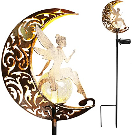 YJFWAL Mond-Solarleuchten Garten Solarlampen für Außen, 1 Stück Gartendeko Blumenfee Figuren Wasserdichte Solarleuchte Garten Deko Elfe Metall LED Pfahlpfad Weihnachten Deko Leuchten Balkon