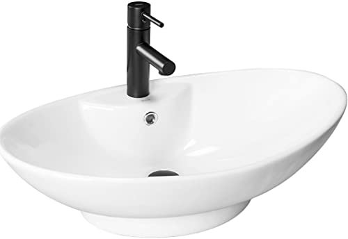 VBChome Waschbecken 66 x 44 x 21 Groß sehr modern Keramik Weiß Oval Waschtisch Handwaschbecken Aufsatzwaschbecken Waschschale Gäste WC
