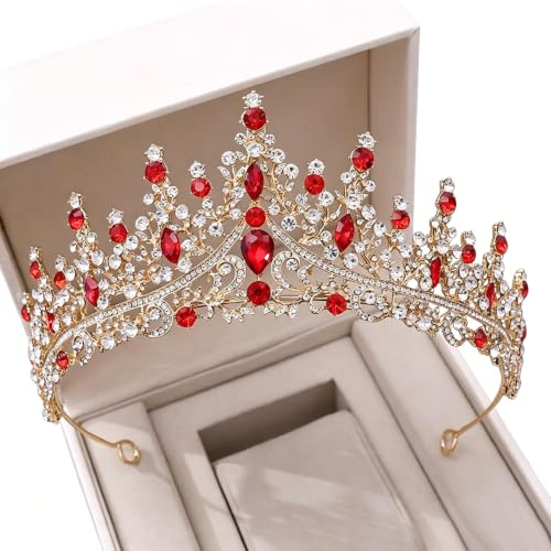 Handgemacht Vintage Luxury Crystal Hochzeitskronbraut Tiara Crowns Diadem Braut Party Abend Haarschmuck Hochzeit Stirnband (Metal Color : H050 Red)