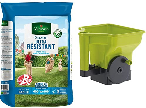 VILMORIN - Gazon Ultra-Résistant - Premières pousses dès 2 semaines & Semoir à gazon/Engrais à manivelle - Dosage précis - 21 cm x 24 cm x 22,5 cm - 3 litres - Vert et noir