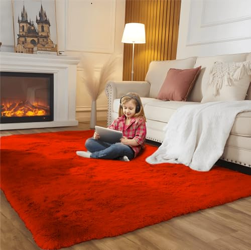 SUBEEN Teppich Wohnzimmer Shaggy Teppich Hochflor Teppich Langflor Teppich Kinderzimmer Modern Batik Teppich Jugendzimmer Flauschig Teppich (rot, 80x160cm)