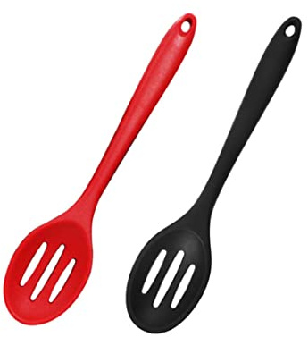 2 Pack Nonstick Silicone Slotted Spoons,High Heat Resistant Cooking Baking Spoons Ladle Set for Stirring, Mixing, Serving, Draining Tool (Red, Black)