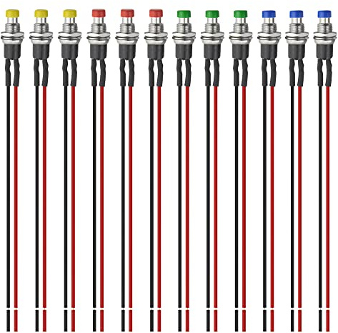 BGTXINGI Mini-Druckknopfschalter, 7 mm, rund, 2-polig, Ein-/Aus-Schalter, normale offene Drucktasten, Schalter mit 200 mm vorgelötetem Draht (Schwarz, Rot, Gelb, Blau, Grün, Weiß), 12 Stück