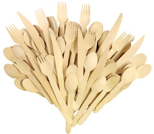 300 Pcs Eco Friendly Wooden Cutlery Set (100 Wooden Forks, 100 Wooden Spoons, 100 Wooden Knives) Eco-Friendly, Biodegradable, Cutlery, Perfect for King Charles Coronation Party, BBQs, Picnics
