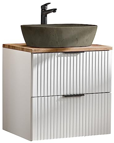 Lomadox Badmöbel Waschtisch Set 60 cm Unterschrank weiß matt gerillt mit Wotaneiche, Keramik-Waschbecken Beton-Optik, 2 Softclose-Schubkästen, B/H/T 60,6/74,2/46,5 cm