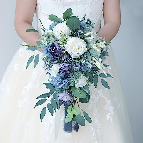 COPUT Künstlicher Brautstrauß, Wasserfall, Hochzeitsblume, Rosen-Pfingstrose, Brautstrauß mit Eukalyptus, für Tafelaufsatz, Party und Hochzeitszeremonie, Jahrestag, 22,9 cm, staubblau