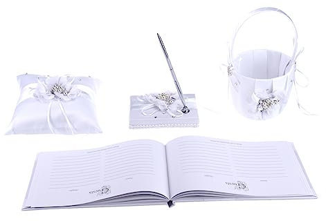 Gadpiparty 4stücke Teiliges Hochzeitsset Ringkissen Blumenmädchenkorb Notizbuch Und Stifthalter Weiße Blüten Stilvolles Zubehör Für Ihre Trauung