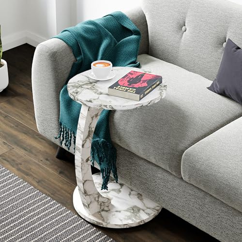[en.casa] Holeby Sidobord/sängbord på hjul, laptopbord med marmorutseende, gräddvitt vardagsrumsbord, C-format rullbord med rund bordsskiva, 56 x Ø 38 cm, förvaringsbord