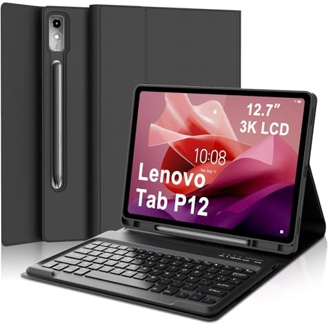 IVEOPPE Funda Teclado para Lenovo Tab P12 12.7 Pulgadas 2023 TB-370FU | Capa Keyboard, QWERTY Español Ñ, Bluetooth Magnético Desmontable Recargable Teclado con Portalápices, Negro