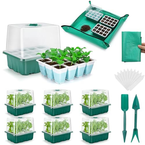 Hanaoyo Wiederverwendbare Saatgut-Starterschale mit 72 weichen Silikonzellen, 6er-Pack Saatgut-Starter-Set mit Umtopfmatte, Feuchtigkeitskuppel & hohem Deckel, Keimschalen für