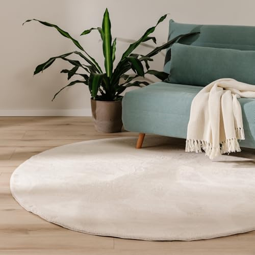 benuta Basic Kunstfaser Fellteppich Furry - Beige rund 200 cm - Weicher Wohnzimmerteppich - Anti-Rutsch-Rückseite - Waschbar - Für Fußbodenheizung geeignet