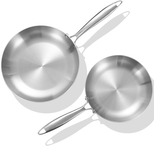 LOLYKITCH Juego de sartenes de acero inoxidable de tres capas de 8 a 10 pulgadas, sartenes, sartenes de chef de inducción, juego de ollas y sartenes, resistente, apto para lavavajillas y horno, mango