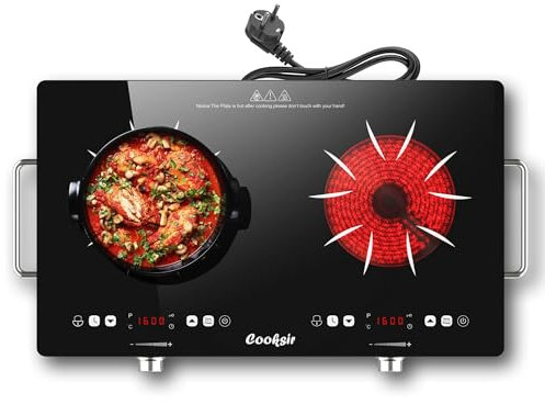 Cooksir Placa Vitroceramica 2 fuegos con enchufe, 3200W, 56cm, portátil, calor infrarrojo,Temporizador, Mando de control