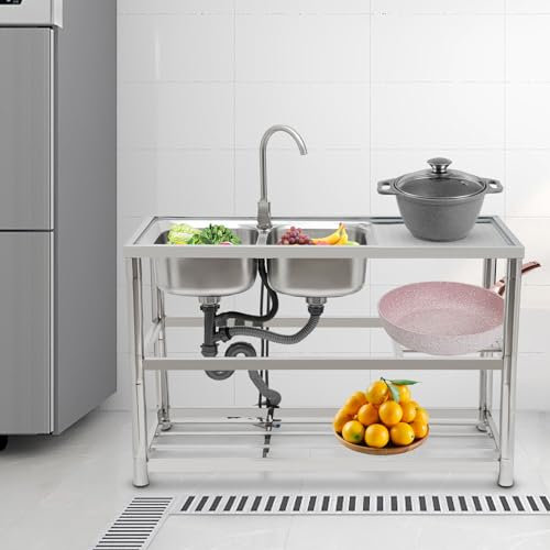 LKHDONG Freistehende Edelstahl Küchenspüle Doppelbecken Spültisch Gastro Gastronomie Waschtisch 120x80cm inklusive Wasserhahn und Zubehör
