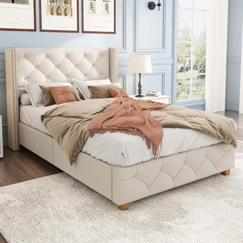 PUGSDRLY Lit 90x200 avec Sommier à Lattes,Lit 1 Place avec Tête Capitonné,Tissu de Lin,Design Rivets,Pieds en Bois,pour Enfant Adolescent Adulte,sans Matelas,Beige