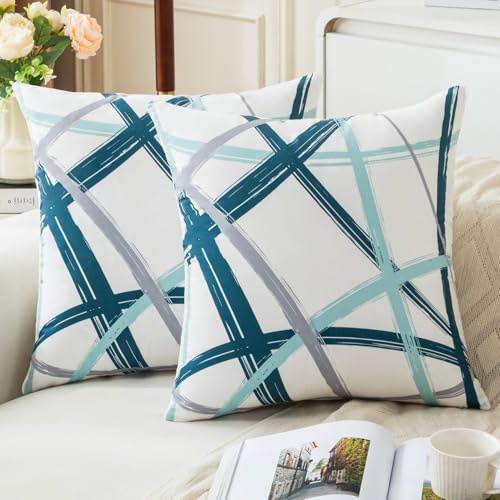 Jayusaror Blaugrün Kissenbezug 50x50 Samt Türkis Grau Kissenbezüge Weiche Sofakissen Geometrische Dekokissen Moderne Kissen Deko Kissenhülle für Wohnzimmer Sofa Schlafzimmer Dekor，2er Set