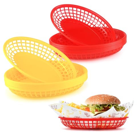 JWNMLL paniers de nourriture pour servir, plateau de snack de cinéma, accessoires de fête mexicaine réutilisables en plastique pour les burgers, les frites (8pcs rouge+8pcs Jaune)