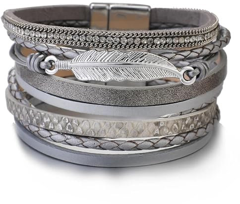 Armband, Armband, Schmuck, Damen Und Herren Lederschmuck Armband Aus Echtem Leder Mit Federanhänger Für Damen Und Herren, Mehrschichtig, Böhmisch, Breit, Wickelarmband, Grau