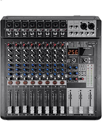 Mezclador de DJ, Controlador de DJ de 8 canales con efecto de reverberación 256 DSP BT 5.0 Mezclador USB USB for puesta en escena profesional, Decks de DJ