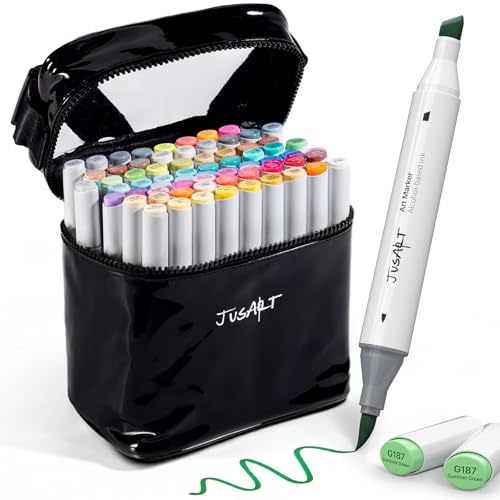 JusArt Alkohol Marker 72 Farben Pinsel Marker Stift,Doppelseitige Graffiti Stifte mit Pinsel und Meißel,Alkoholmarker für Malbücher für Erwachsene, Zeichnen, Illustrationen, Skizzieren