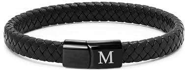 TOLOWOBK Lederarmband Herren mit Buchstaben Gravur Schwarz Geflochten | Personalisiertes A-Z Buchstaben Armband Edelstahl Magnetverschluss Armbänder Geschenke für Männer Jungs Schulstart Geburtstag