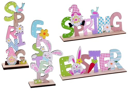 4PCS Easter Table Decorations Wooden Spring Easter Sign Stand Table Decorations Gnome Bunny Rabbit Gonk Ornaments for Easter Crafts Home Decor Party, Easter Signs Crafts Easter Gifts for Kids Adults