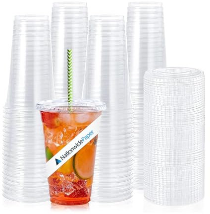 Nationwide Paper 16oz Crystal Clear Smoothie Cups with Flat lids, Perfect for Iced Coffee, Milkshake, Slurpee, Ice Cream, Razzle, Slush, Smoothy, Party's Pack of 50