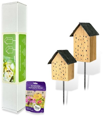 GARTENETAGE Geschenkset Bienenoase – Wildbienenhotel aus Eichenholz mit Schieferdach & Blumenwiese Mischung – Perfekt für Garten & Balkon – Nachhaltige Nisthilfe für Bienen & Bestäuber