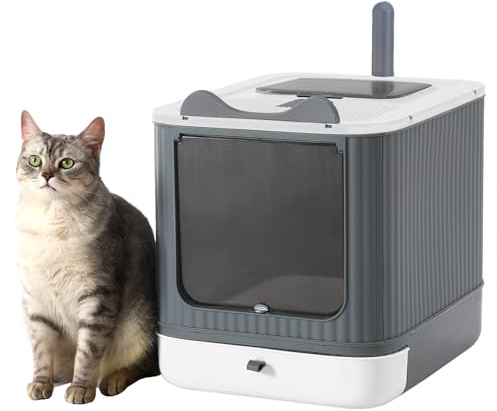 Magische Katzentoilette, vollständig geschlossene Katzentoilette mit Deckel, abgedecktes Katzentoilettengehäuse, Geruchskontrolle, leicht zu reinigen, für Katzen bis zu 12 lbs (Weiß und Grau)
