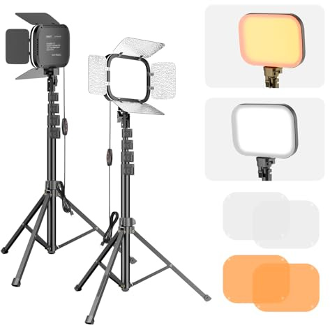 EMART 2-Pack LED Video Light, Portable 3000-5500K CRI97+ Studio Lights with 62 Tripod Stand, Magnetic Light Barndoor & Filters, Bi-Color Dimmable Lighting for Video Recording, Game Streaming, Podcast