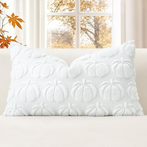 JOTOM Fundas de Cojín Calabaza 40x60cm de Lana de Peluche de Piel Falsa Suave Decorativas para Sofá Dormitorio del Hogar Otoño Acción de Gracias Blanco