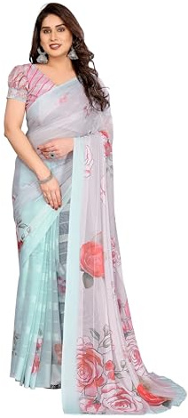 ETHNICMODE Indian Saree For Women Printed Georgette Light Weight Jari Party Wear Turquoise Sari With Unstitched Turquoise Blouse Piece-1179