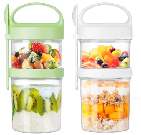 Luxear 2 Packs Breakfast Cereal Cup On the Go with Lids and Spoon, 2 in 1 Leakproof Reusable Overnight Oats Jar 560ml + 360ml, BPA-Free Portable Yogurt Granola Container for Travel Work School Picnic