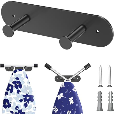 LOXSUN Ironing Board Hanger Wall Mount, Ironing Board Holder with Removable Hooks, Laundry Rooms Iron Boards Hook for Wall for Y or T Leg (Black)